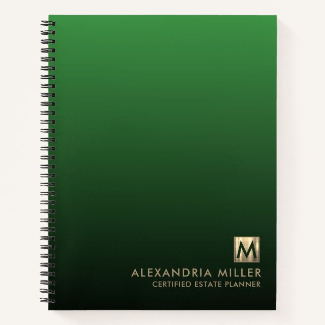 Luxury Gold Initial Logo Emerald Green Notebook (Front)