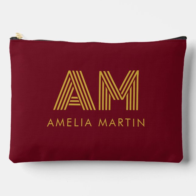 Luxury Gold Initial Monogram Burgundy Red Accessory Pouch (Front)