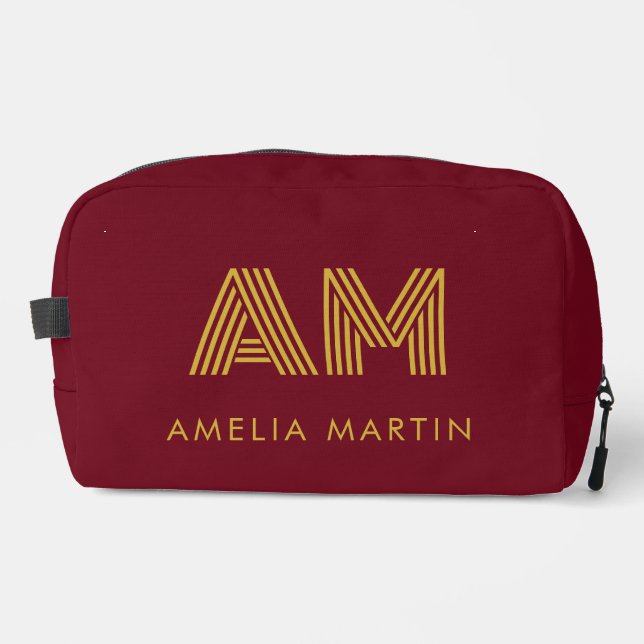 Luxury Gold Initial Monogram Burgundy Red Dopp Kit (Front)