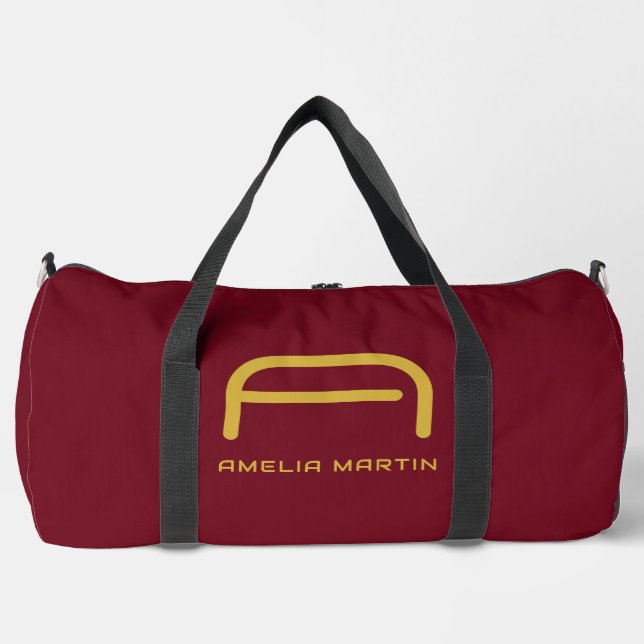 Luxury Gold Initial Monogram Burgundy Red Duffle Bag (Front)