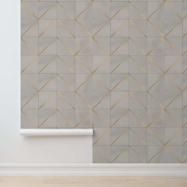 Luxury Gold Inlay Geometric Tile Pattern Wallpaper (Application)
