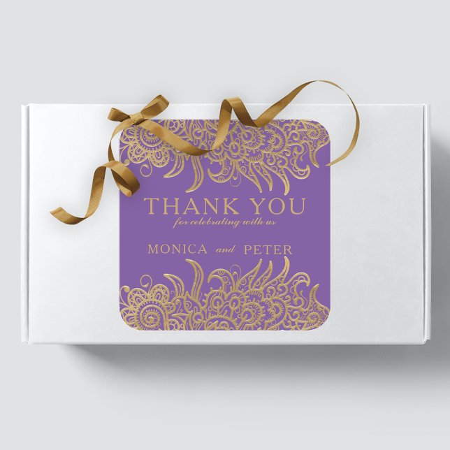 Luxury Gold Lace On Purple Elegant Classic Wedding Square Sticker (Creator Uploaded)