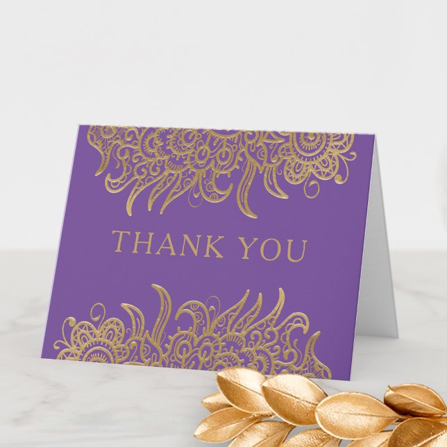 Luxury Gold Lace on Purple Elegant Classic Wedding Thank You Card (Creator Uploaded)