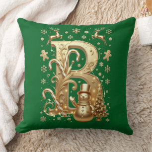 Luxury Gold Letter B Snowman Green Throw Pillow