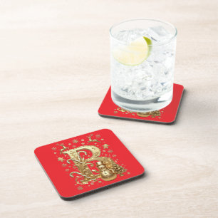 Luxury Gold Letter B Snowman Red Coaster Set