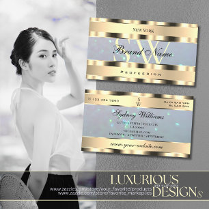 Luxury Gold Light Blue Pearl Glitter and Monogram Business Card