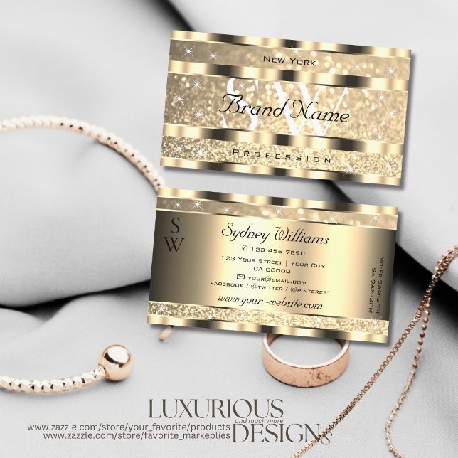 Luxury Gold Luminous Glitter Stars Monogram Golden Business Card (Creator Uploaded)
