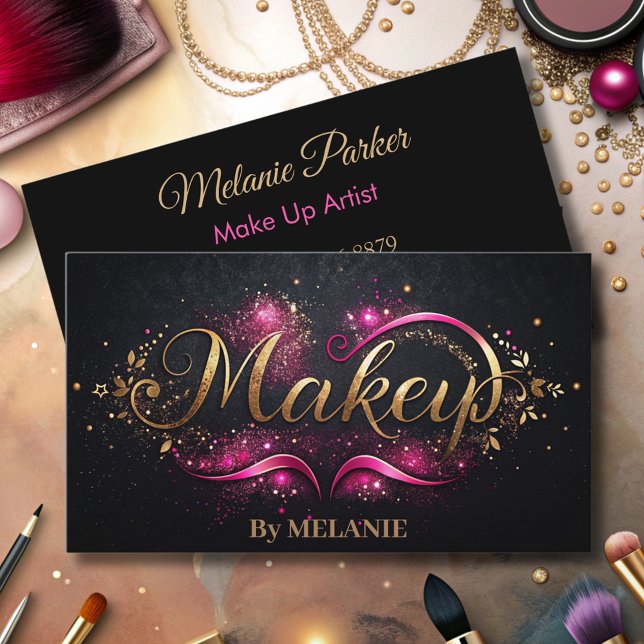 Luxury gold Makeup Pink Trendy Elegant Black Business Card (Creator Uploaded)