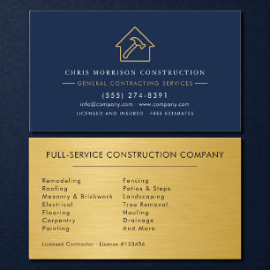 Luxury Gold Metallic Navy Blue Construction Business Card