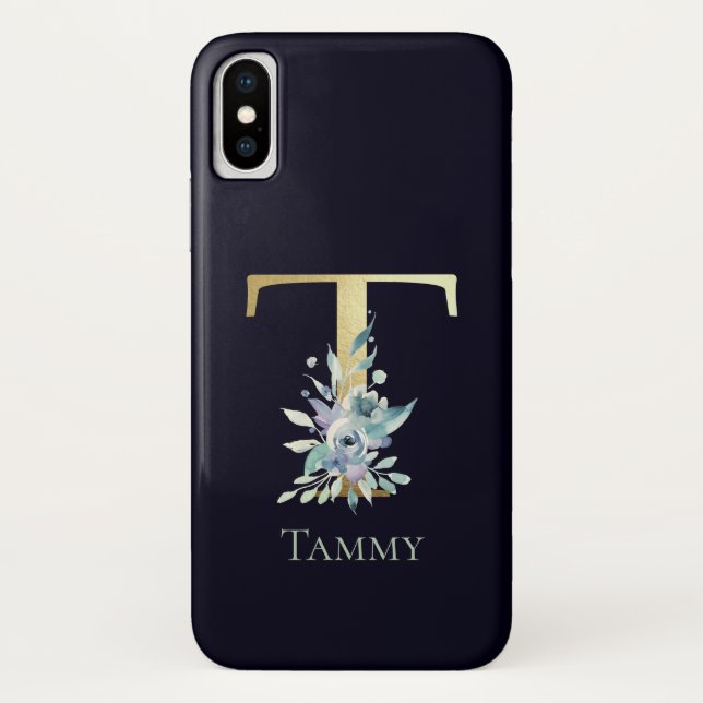 Luxury Gold Monogram Letter T Floral Blue Name Case-Mate iPhone Case (Back)