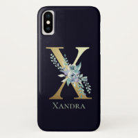 Luxury Gold Monogram Letter X Floral Blue Name