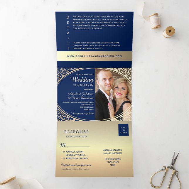 Luxury Gold Navy Blue Floral Photo Wedding Tri-Fold Invitation (Inside)