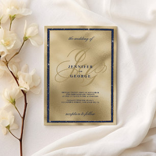 Luxury gold navy blue monogram initials Wedding Invitation