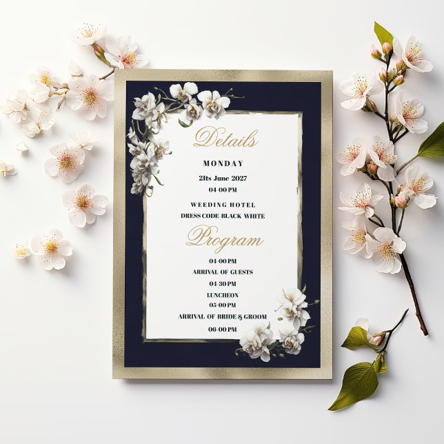Luxury gold navy blue white orchid Details Program Invitation (Luxury gold navy blue white orchid Details Program )