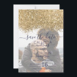 Luxury Gold Navy Glitter Confetti Photo Wedding Save The Date<br><div class="desc">The elegant, glamourous, and modern photo wedding save the date card is perfect for the contemporary and stylish engaged couple. It features a faux printed gold sparkly glitter confetti speckled colour block on top of a simple dark navy blue background. The back displays the same glitter but a thicker panel....</div>