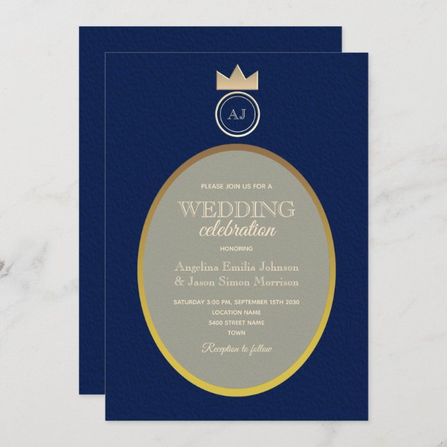 Luxury Gold Navy Monogram Wedding  Invitation (Front/Back)