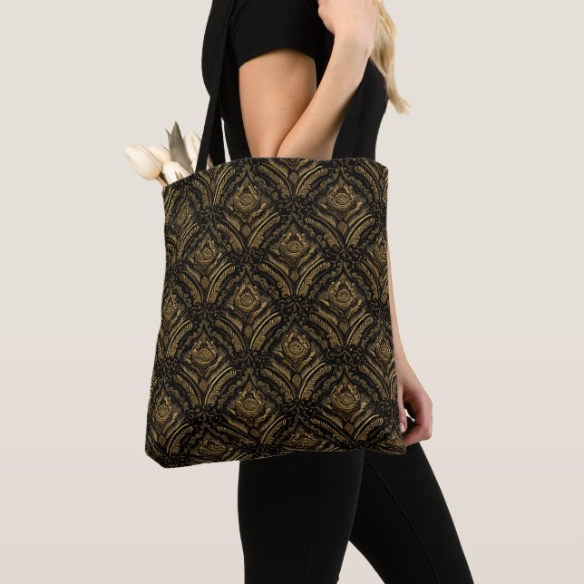 Luxury Gold Ornamental Damask Pattern Tote Bag (Close Up)
