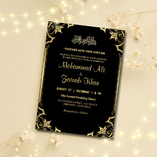 Luxury Gold ornate Black Islamic Wedding Invitation