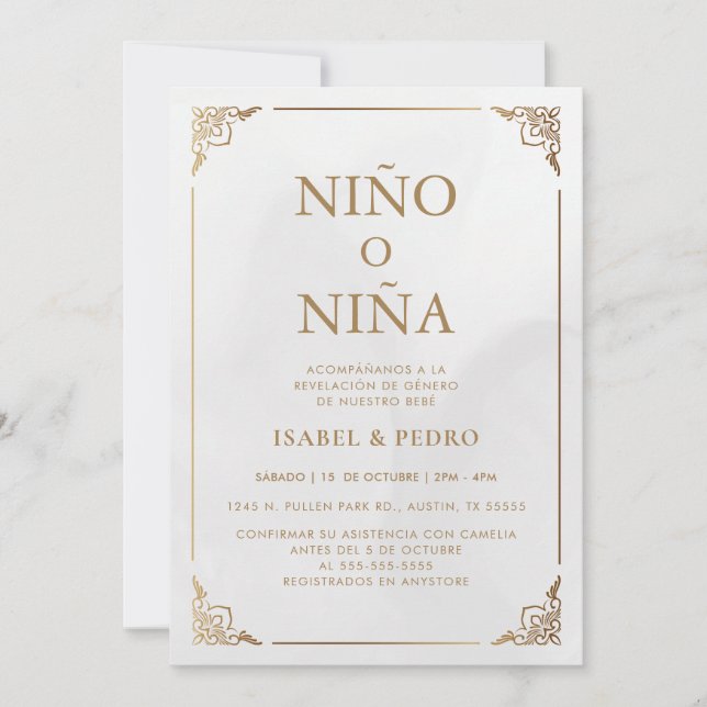  Luxury Gold Ornate Cream Spanish Gender Reveal Invitation (Front)
