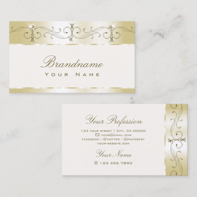 Luxury Gold Ornate Sparkling Jewels Pastel Cream Business Card (Front/Back)