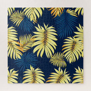 Luxury Gold Palm Leaf Pattern Navy Tropical Jigsaw Puzzle