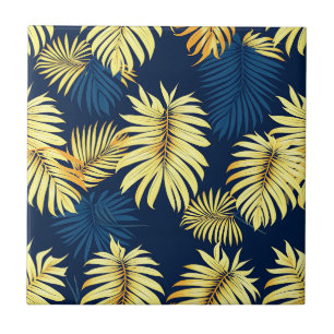 Luxury Gold Palm Leaf Pattern Navy Tropical Tile
