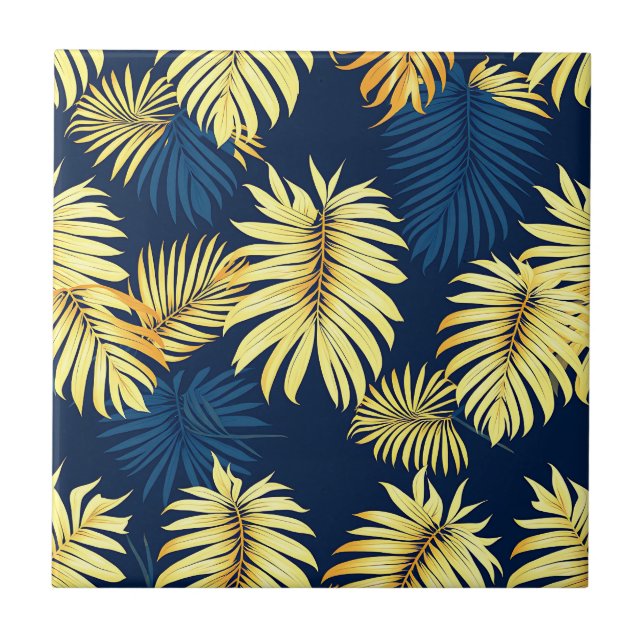 Luxury Gold Palm Leaf Pattern Navy Tropical  Tile (Front)