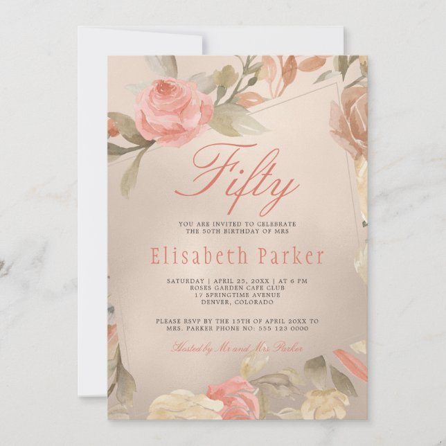 Luxury Gold Peach Coral Floral 50th Birthday Party Invitation (Front)