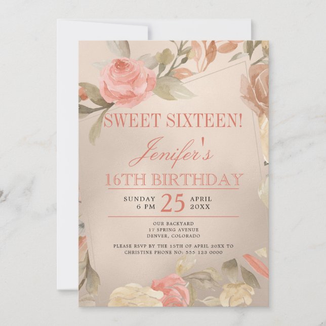 Luxury Gold Peach Coral Floral Sweet Sixteen Invitation (Front)