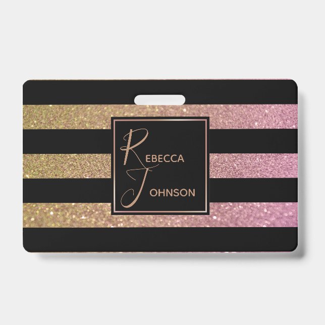 Luxury Gold Pink Glitter Stripes - Badge ID Badge (Front)