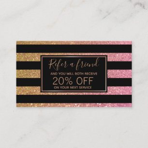 Luxury Gold Pink Glitter Stripes - Referral Card