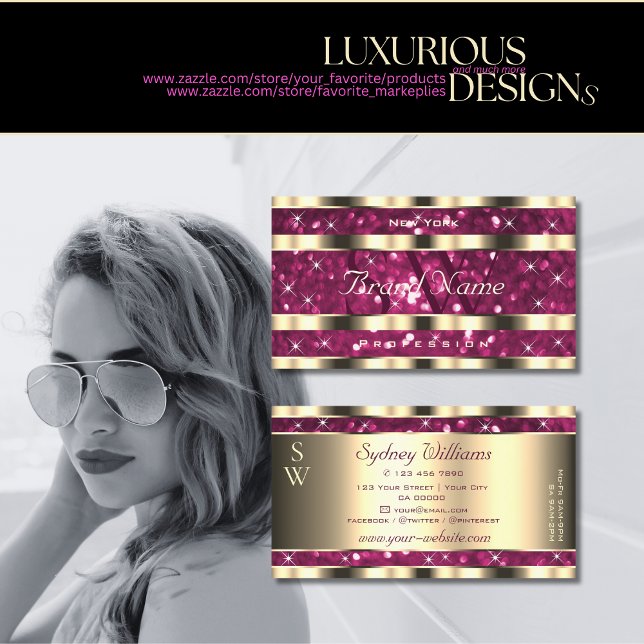 Luxury Gold Pink Sparkle Glitter Stars Monogram Business Card (Creator Uploaded)