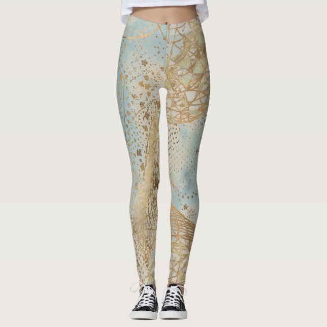Luxury, Gold Pixels Lines Pattern Soft Blue Leggings (Front)