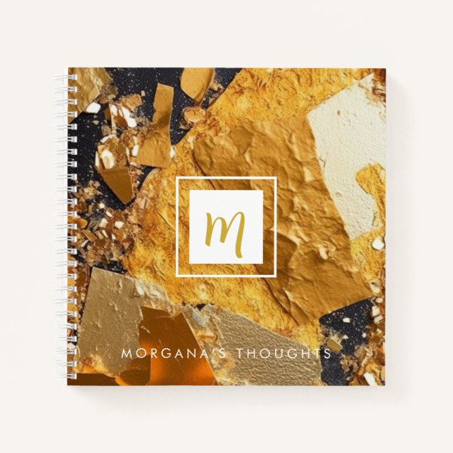 Luxury Gold Plates Sparkle Monogram Square Notebook (Front)