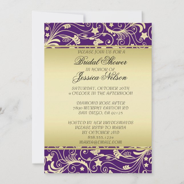 Luxury Gold Purple Floral Swirls Shower Invite (Front)