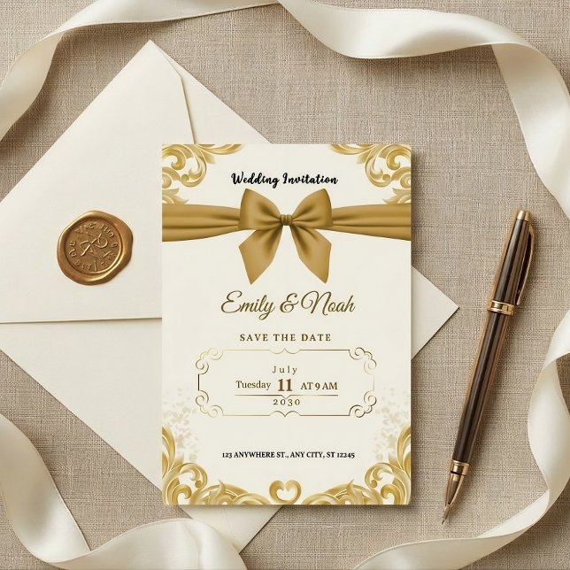 Luxury Gold Ribbon & Bow Elegant Wedding Invite (Creator Uploaded)