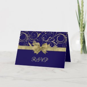 Luxury Gold Ribbon Damask Blue RSVP card