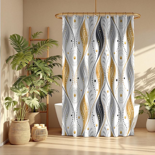 Luxury Gold Silver Black Art Deco Abstract Pattern Shower Curtain (Creator Uploaded)