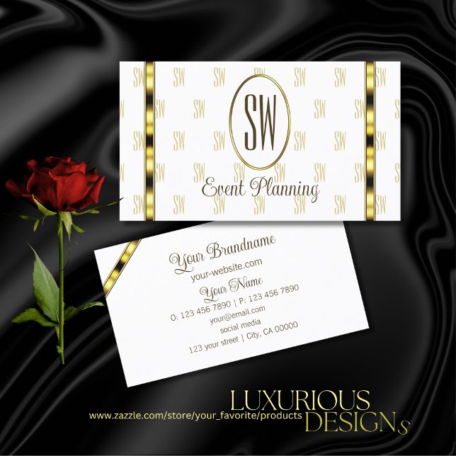 Luxury Gold Stripes on White with Monogram Pattern Business Card (Creator Uploaded)