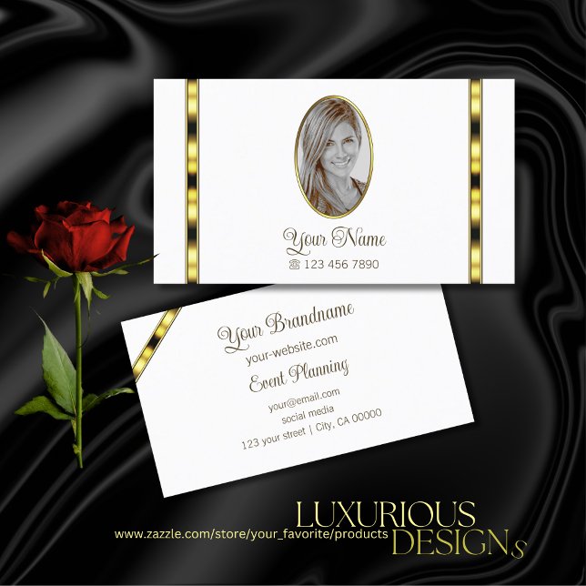 Luxury Gold Stripes on White with Oval Image Photo Business Card (Creator Uploaded)
