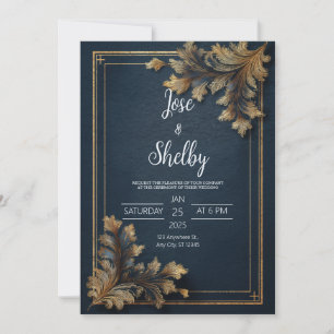 Luxury Gold Swirl Navy Blue Ornate Wedding Invitation