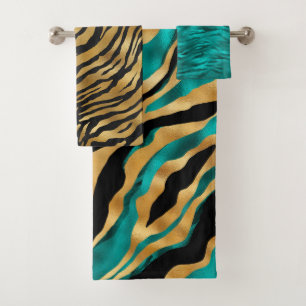 Luxury Gold Teal Tiger Stripe Pattern Bath Towel Set