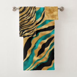 Luxury Gold Teal Tiger Stripe Pattern Bath Towel Set