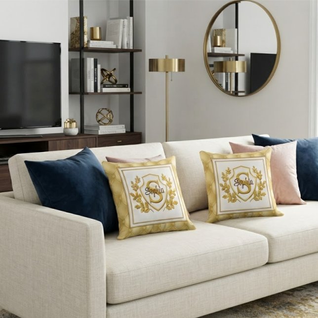 Luxury Gold Tufted Monogram Crest Custom Name Cushion (Creator Uploaded)
