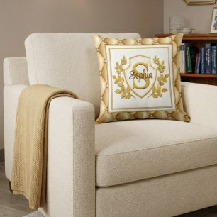 Luxury Gold Tufted Monogram Crest Custom Name Cushion