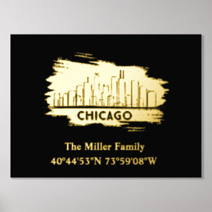luxury gold US skyline longitude latitude Chicago Foil Prints