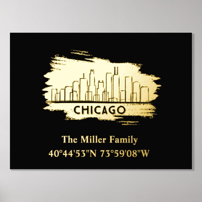 luxury gold US skyline longitude latitude Chicago Foil Prints (Front)