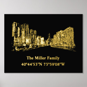 luxury gold US skyline longitude latitude Chicago Foil Prints