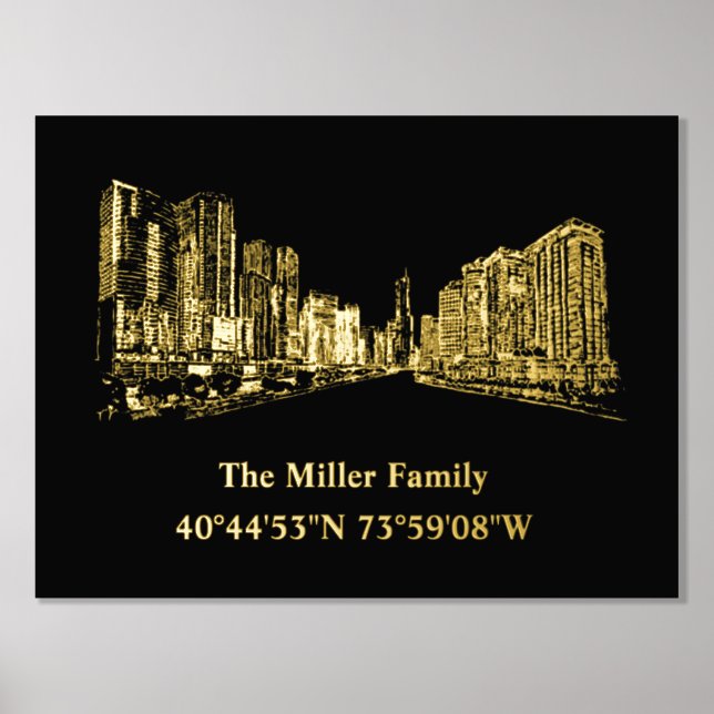 luxury gold US skyline longitude latitude Chicago Foil Prints (Front)