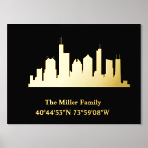 luxury gold US skyline longitude latitude Houston Foil Prints